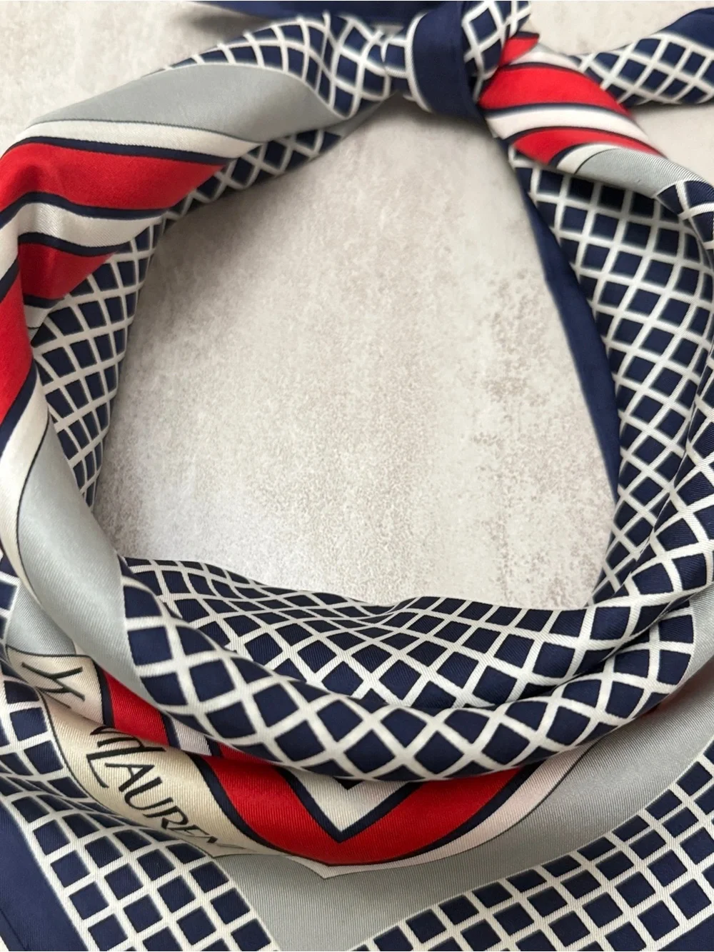 Yves Saint Laurent Navy, Red & Silver Geometric Silk Scarf